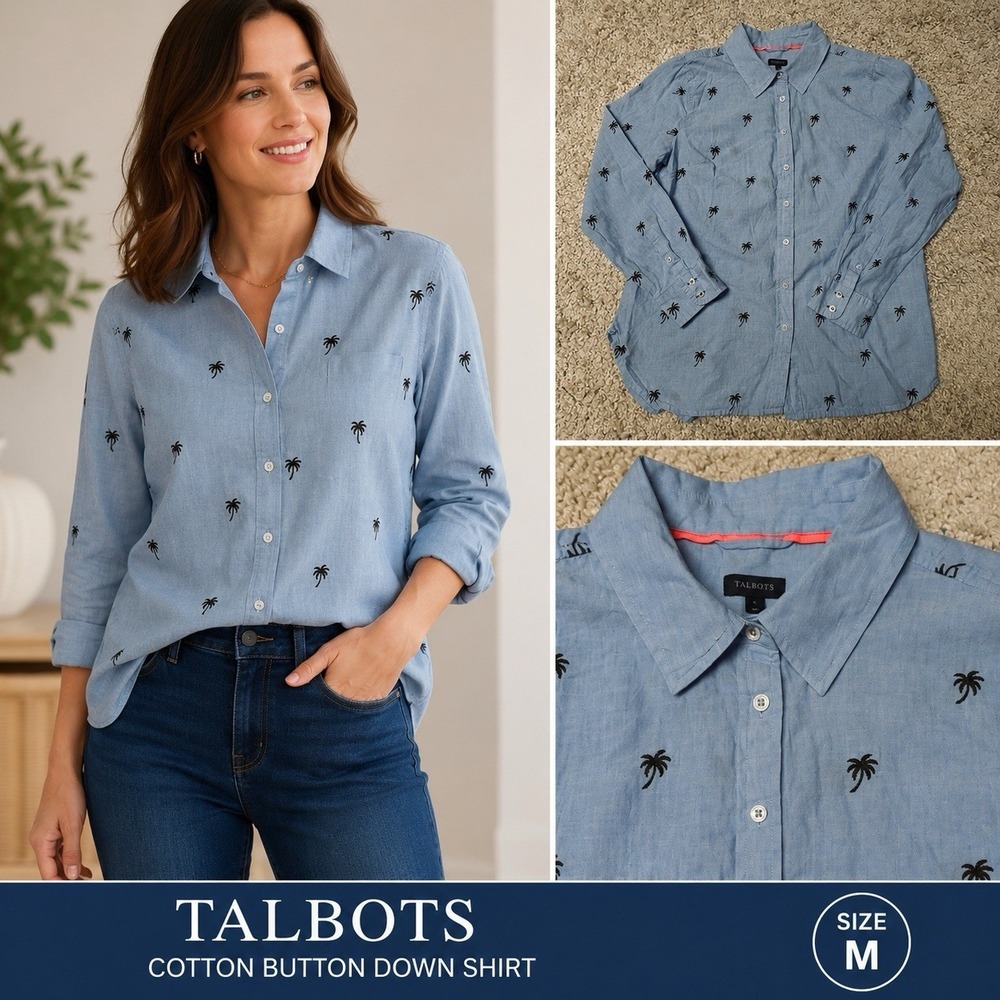 Talbots Women's Medium Cotton Chambray Shirt Blue Palm Tree Embroidered Top